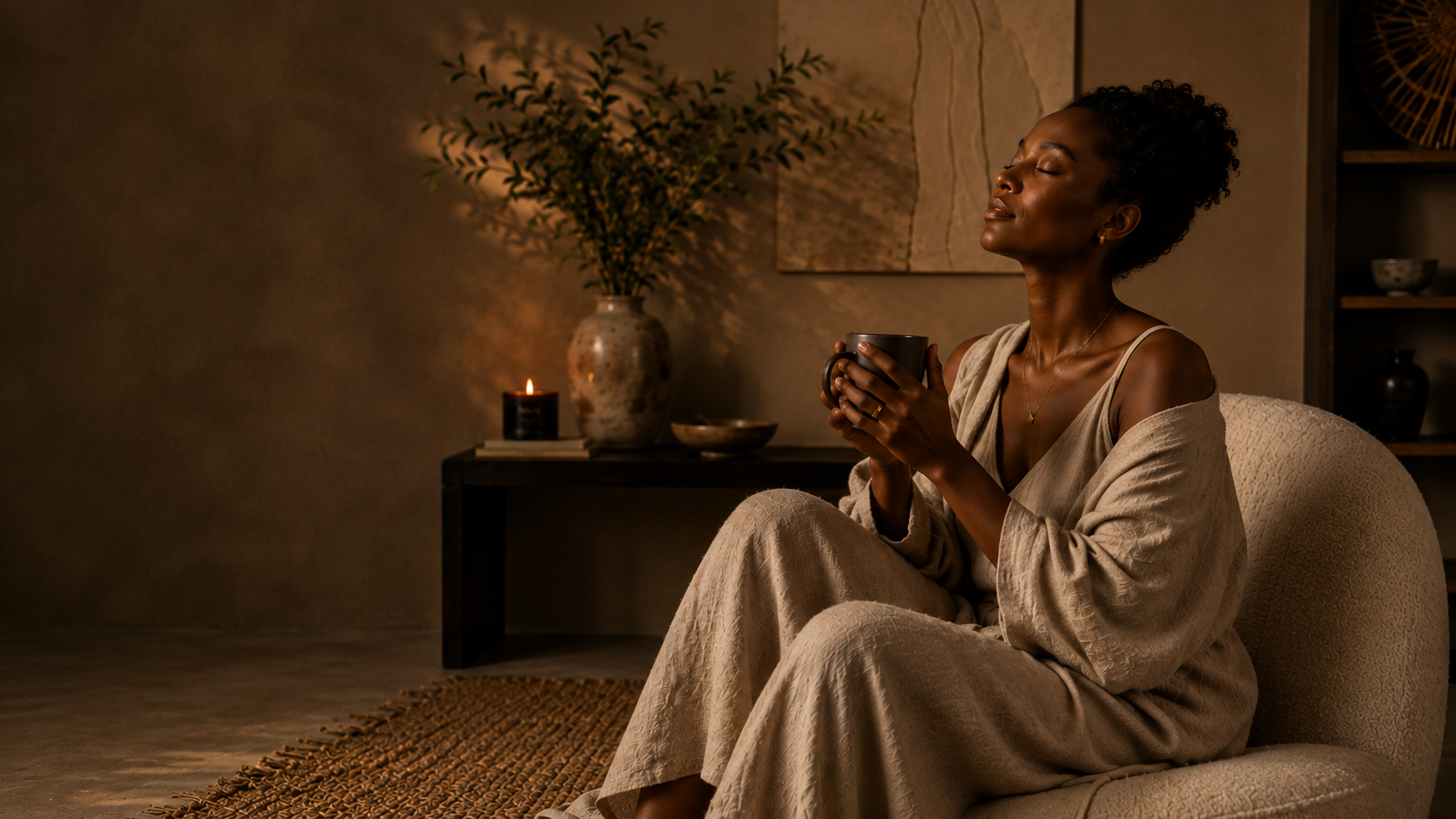A woman sits in a cozy armchair in a warmly lit room, wearing a light beige lounge robe and matching pants while holding a mug. A small table with a vase of branches and a candle is behind her.